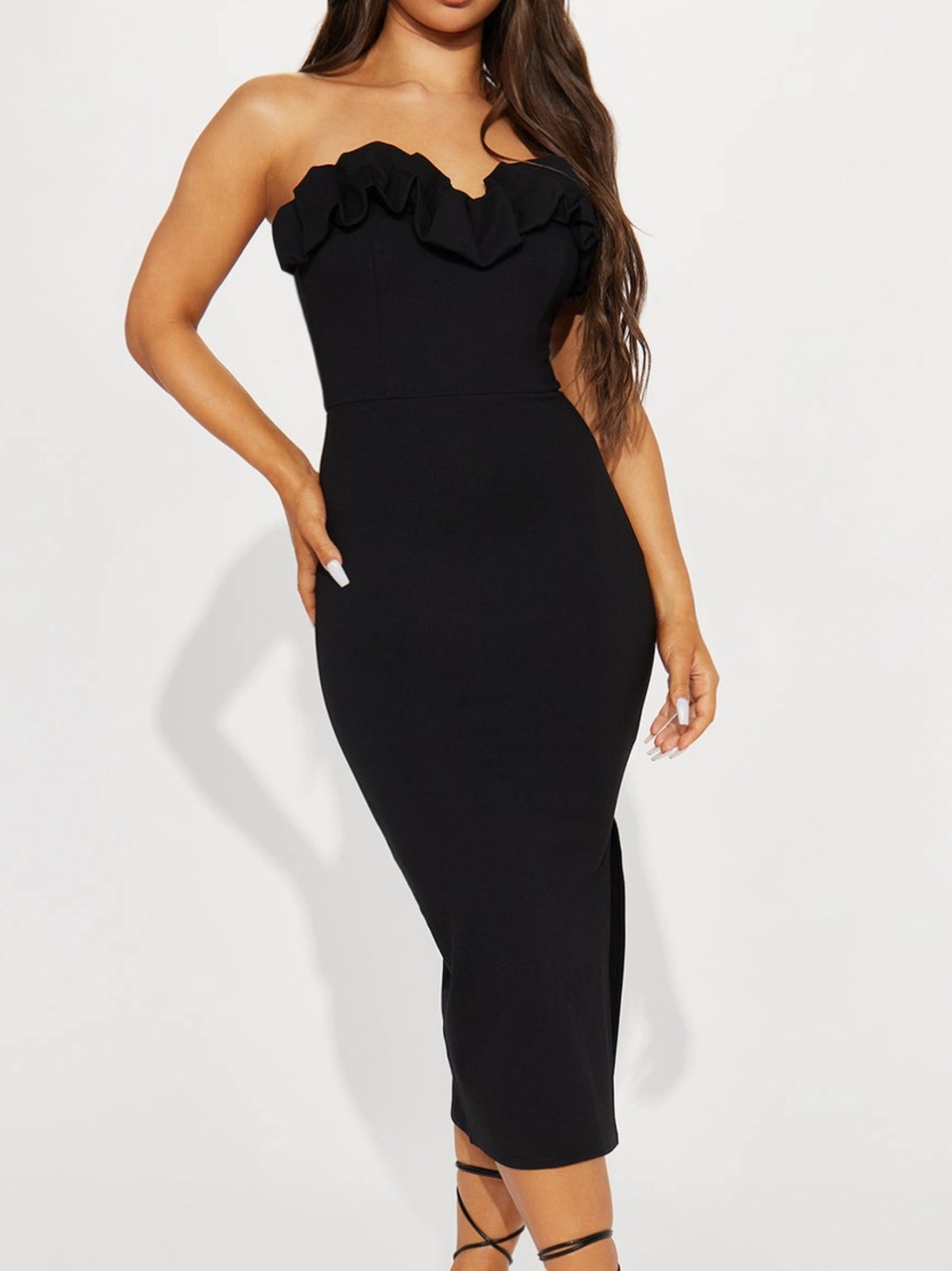 Fashion Nova “Karla Midi Dress” Black Sweetheart Neckline w/ Strapless Ruffle